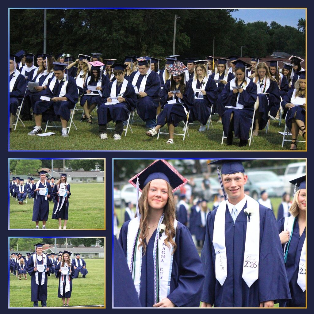 Candid photos of seniors at graduation. Students reading letters, posing with certificates, and smiling. 