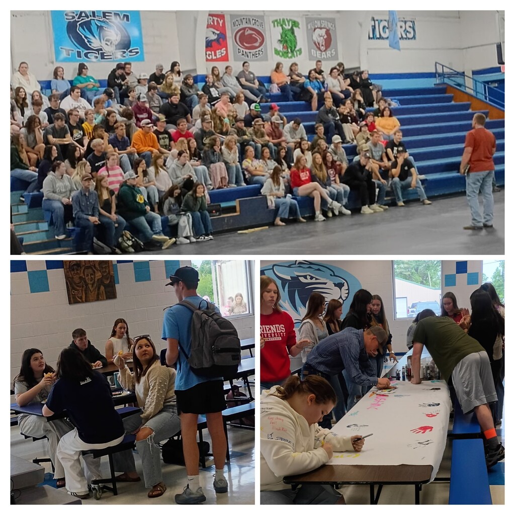 students participating in activities during senior day. Students listening to a speaker in the gymnasium. Students talking and eating breakfast in the cafeteria. Students painting a banner.