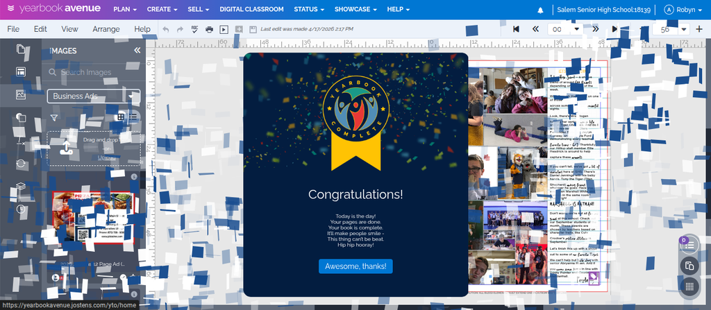 This is a screen with a congratulations banner from Jostens in dark blue with a medal and blue and white confetti scattered across the image that pops up after the yearbook advisor submitted the final page of the 2026 yearbook.