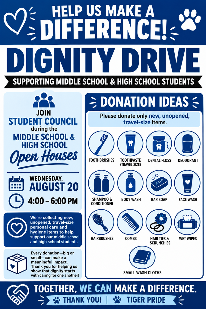 Help Us Make a Difference! Join Salem Student Council during the Middle School & High School Open Houses on Wednesday, August 20, from 4:00–6:00 p.m. for our Dignity Drive!  We're collecting new, unopened, travel-size personal care and hygiene items to help support our middle and high school students. A simple donation can make a big difference by helping students feel confident, healthy, and ready to learn.  Suggested Donations: • Toothbrushes • Toothpaste (travel size) • Dental floss • Deodorant • Shampoo & conditioner • Body wash or bar soap • Face wash • Hairbrushes & combs • Hair ties & scrunchies • Wet wipes • Small wash cloths  Please donate only new, unopened, travel-size items.  Thank you for helping us remind our students that dignity begins with caring for one another. Every donation matters!