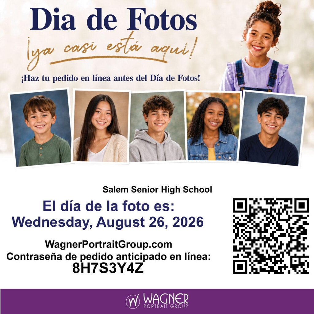 This is the same advertisement as before in Spanish. This is an advertisement that tells families that Picture Day is Wednesday, August 26th. The advertisement includes a QR code you can scan to visit their website and a code to help you pre-order photos.