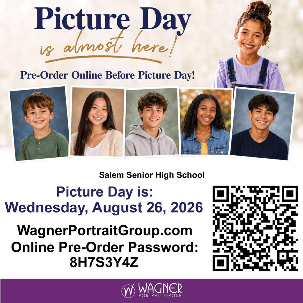 This is an advertisement that tells families that Picture Day is Wednesday, August 26th. The advertisement includes a QR code you can scan to visit their website and a code to help you pre-order photos.