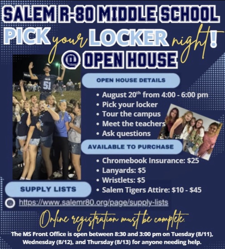 Open House is scheduled for Aug. 20th from 4-6 pm! Come pick your locker, but NOT before you complete Online Registration. The Middle School Front Office will be open tomorrow, Wednesday, and Thursday for anyone needing help with online registration.