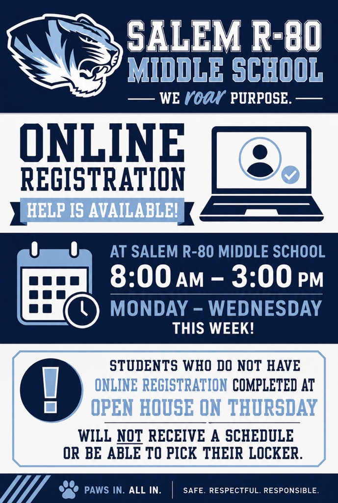 Online Registration help is available at SMS R-80 from 8:00 - 3:00 next week (Monday through Wednesday)! Students who do not have OLR complete will not receive schedules or pick lockers at Thursday’s Open House! 