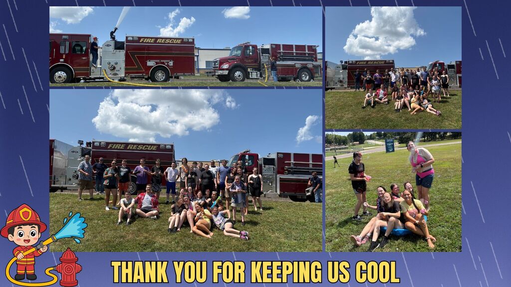 A photo collage thanking the fire department for keeping them cool. Two red fire rescue trucks parked on grass with hoses extended, one labeled “FIRE RESCUE,” under a bright blue sky with scattered clouds. Members of the Salem Marching Band posing on a grassy field in front of two red fire rescue trucks under a blue sky with scattered clouds.Seven band members are posing on a grassy lawn at an outdoor event while the fire trucks spray them with water. 