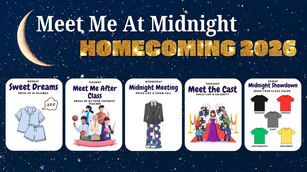 This flyer describes each day of spirit week. Monday is pajama day. Tuesday is dress as your favorite teacher. Wednesday is Zoom call day, dress business on the top and casual on the bottom. Thursday is dress like a celebrity. Friday is class colors day: Seniors dress in black, juniors dress in red, sophomores dress in green, freshmen dress in yellow, and staff dress in gray.