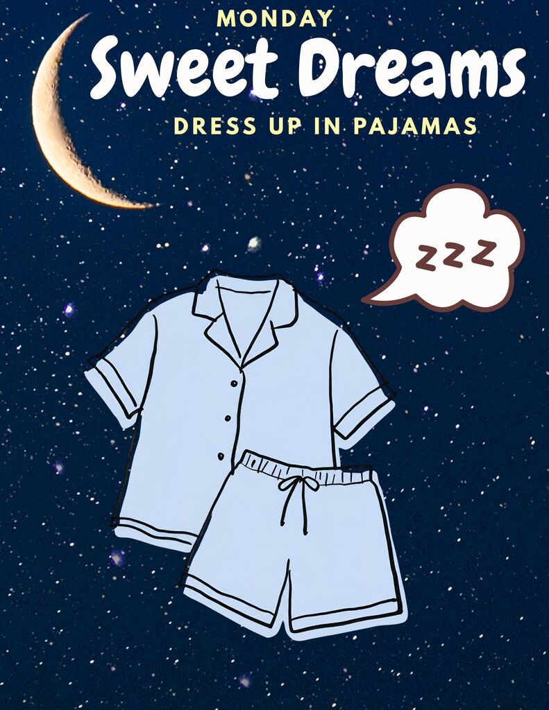 This flyer shows a picture of pajamas with an announcement that Monday , September 21st is Pajama Day for Homecoming Spirit Week.