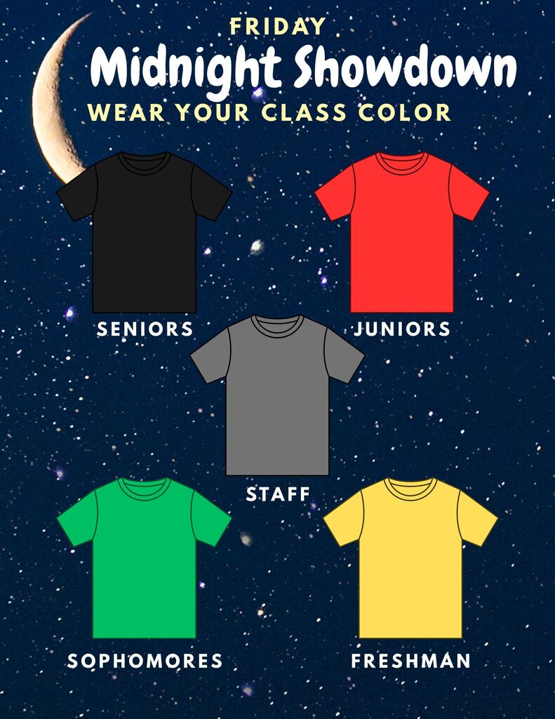 This flyer explains that Friday, September 25th's spirit day is Midnight Showdown - Wear Your Class Color. Seniors wear black. Juniors wear red. Staff wear gray. Sophomores wear green. Freshmen wear yellow.