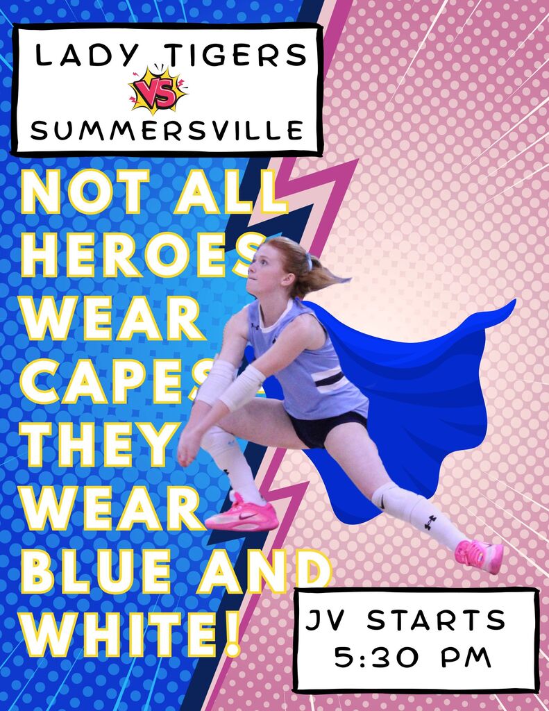 This photo shows a picture of a Salem High School volleyball player wearing a blue superhero cape and crouched down preparing to hit the ball. Monday, September 21st, the volleyball team serves it up against Summersville with a start time of 5:30. The student section is Super Hero night.