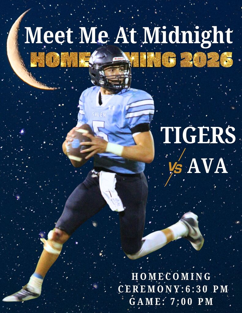 The flyer features the Quarterback of the Salem High School football team holding a football and looking for a reciever down field. The message announces that the Homecoming ceremony starts at 6:30 pm before the game and the game starts at 7:00 pm.