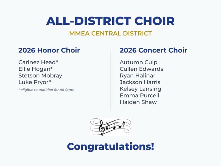 Honor Choir: Carlnez Head * Ellie Hogan * Stetson Mobray Luke Pryor * *eligible to audition for All-State Choir Concert Choir: Autumn Culp Cullen Edwards Ryan Halinar Jackson Harris Kelsey Lansing Emma Purcell Haiden Shaw