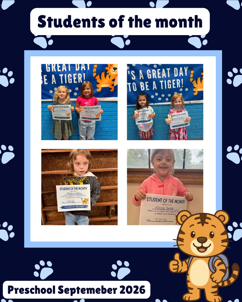 1. Preschool September 2026 Students of the Month graphic featuring four photos of preschool students holding Student of the Month certificates. Two students are pictured together at the top, and two students are pictured individually below. The students are standing in front of a blue tiger-themed backdrop. A cartoon tiger and paw-print graphics decorate the design.
