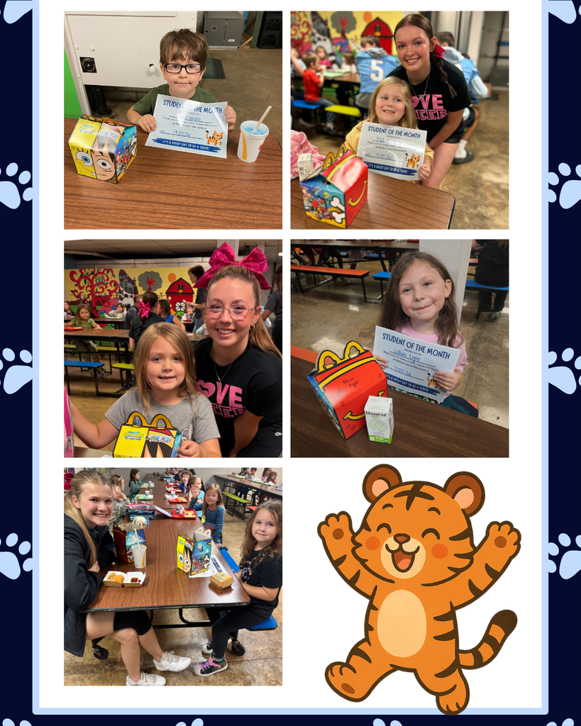 Photo collage showing high school cheerleaders and football players spending time with younger students during a Student of the Month celebration. The high school students are seated with the younger students at tables and sharing Happy Meals together. The photos capture the students eating, talking, and celebrating together.