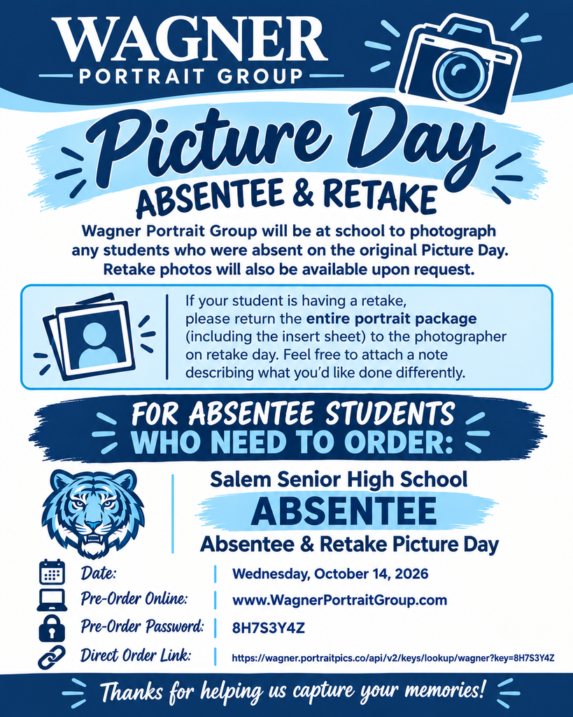 Wagner Portrait Group will be at school to photograph any students who were absent on the original Picture Day.   Retake photos will also be available upon request.  If your student is having a retake, please return the entire portrait package (including the insert sheet) to the photographer on retake day. Feel free to attach a note describing what you’d like done differently.  Date: Wednesday, October 14, 2026 Pre-Order Online: www.WagnerPortraitGroup.com Pre-Order Password: 8H7S3Y4Z Direct Order Link: https://wagner.portraitpics.co/api/v2/keys/lookup/wagner?key=8H7S3Y4Z