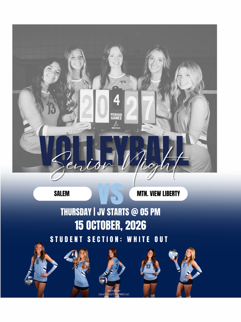 The poster includes a photo of the five senior volleyball players (Josie Howard, Morgan Hollis, Ali Walters, Trista Dooley, and Addison Stewart) holding up a sign that says 2027 and at the bottom as individual photos of each player. The message says it is senior night at the volleyball game on October 15th, 2026. The JV game starts at 5:00 pm. The student section theme is White Out.