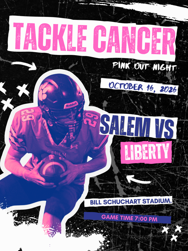 The poster features Rylan Renaud cradling a football. The picture has a pink and purple filer over it. The message of the posters say Tackle Cancer: Pink Out Night on October 16, 2026. The Salem Tigers will take on the Liberty Eagles at Bill Schuchart Stadium starting at 7:00 pm.