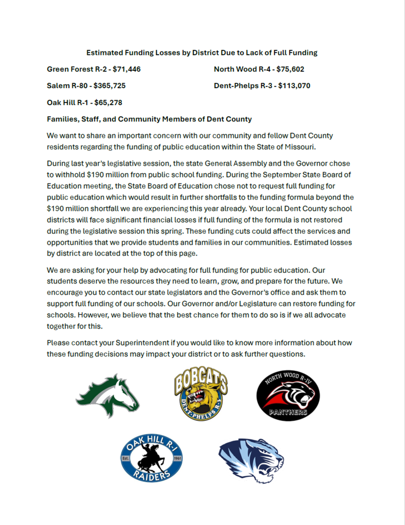 Letter regarding funding losses for schools in Dent County, Missoui