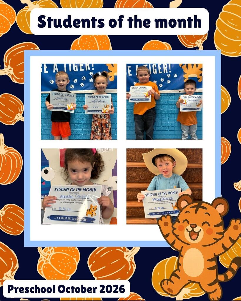 Preschool Students of the Month – October 2026. A fall-themed graphic featuring four photographs of preschool students proudly holding their Student of the Month certificates. The students are pictured individually and in pairs in front of the school's blue Tiger banner. The graphic has a navy blue background decorated with orange pumpkins and a cheerful tiger. Text in the graphic reads as following: "Students of the month" and "Preschool October 2026"