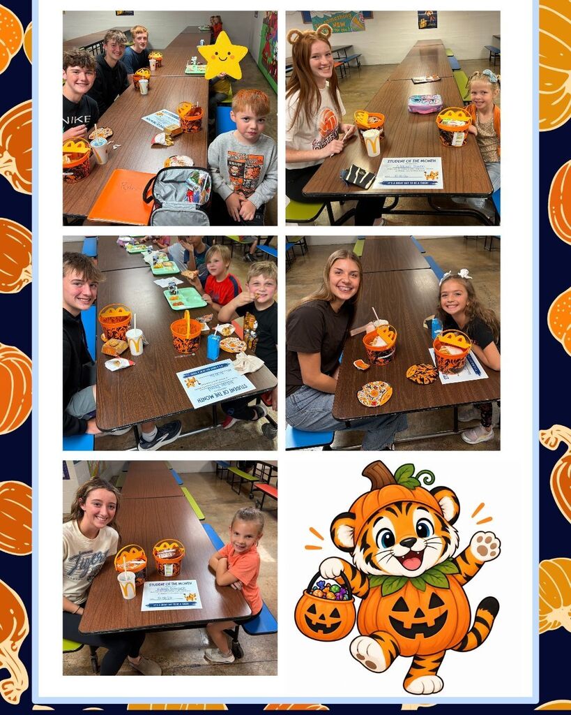 Photographs from the October Student of the Month celebration at William Lynch Elementary. Students are pictured enjoying a McDonalds lunch and celebrating with their classmates and highschoolers at cafeteria tables. The children have orange BOO Bucket Happy Meals. A cheerful cartoon tiger dressed in a pumpkin costume