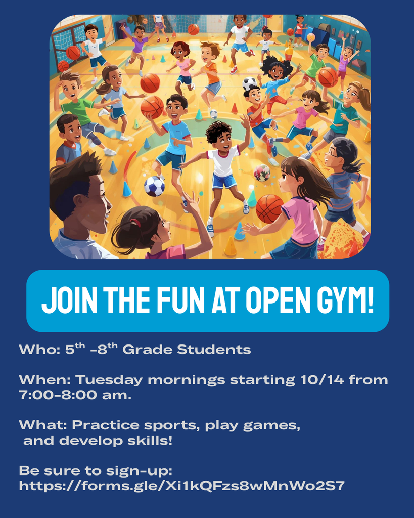 Open gym flyer for grades 5-8 on tuesday mornings starting 10/14.