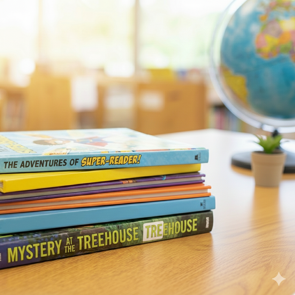 A stack of colorful children's books sits on a wooden desk in a bright elementary school library. In the background, a globe and a small potted plant are visible, with bookshelves and large windows blurred in the distance.