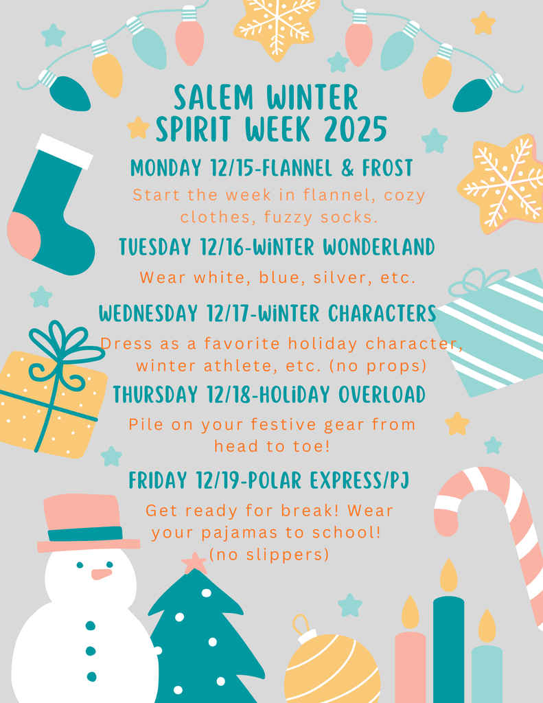 Poster announcing Salem Winter Spirit Week 2025, listing the themed days from Monday 12/15 to Friday 12/19.
