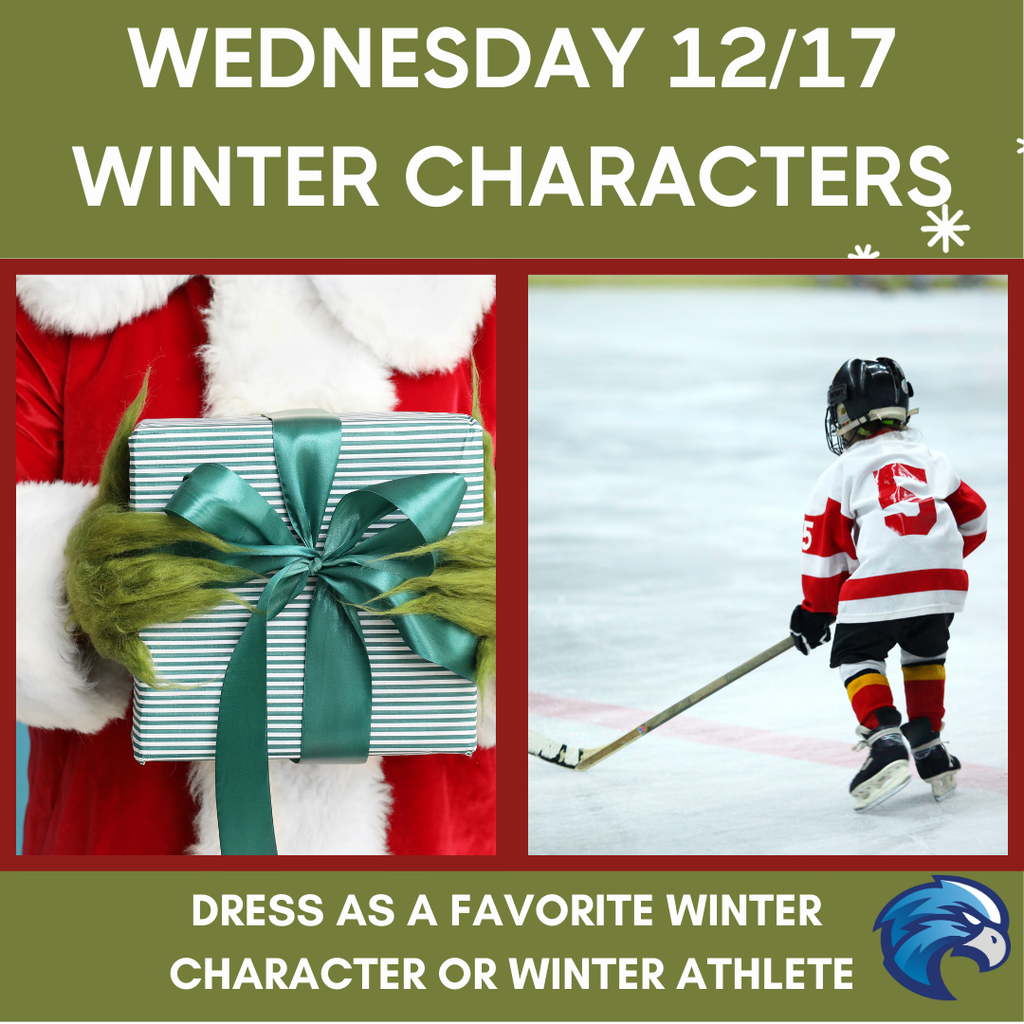 Poster for Salem Spirit Week Wednesday, 12/17: Winter Characters. The theme is to dress as a favorite winter character or winter athlete. The image shows a close-up of the Grinch holding a gift and a small child in hockey gear skating on ice.