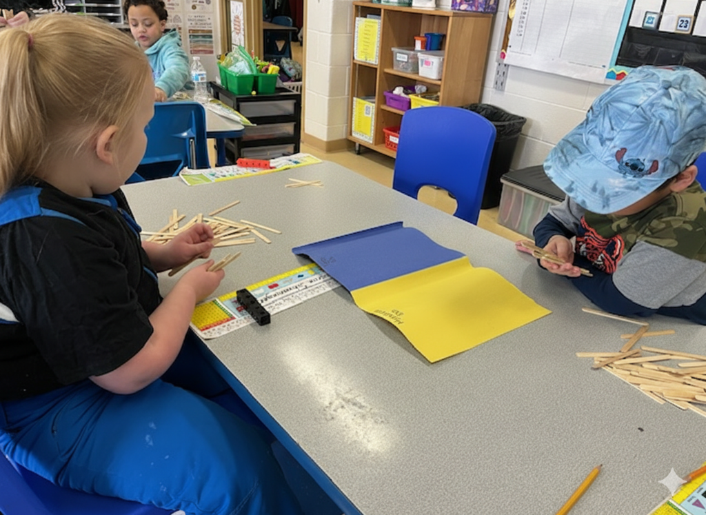 Students at a desk use wooden sticks and place-value mats to solve math problems. One student wears a blue Stitch hat while others focus on their work.