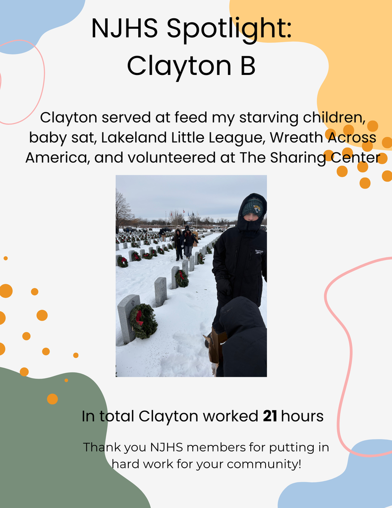 NJHS Spotlight on Clayton B, who volunteered 21 hours at Wreaths Across America and other charities. Photo shows Clayton in a snowy cemetery with holiday wreaths on headstones.