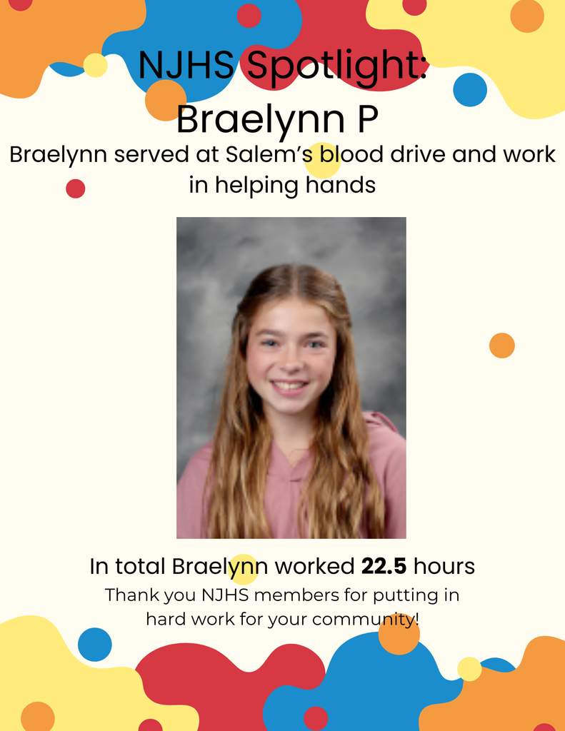 NJHS Spotlight on Braelynn P, who worked 22.5 hours at a blood drive and Helping Hands. The image features a school portrait of Braelynn smiling against a gray background.