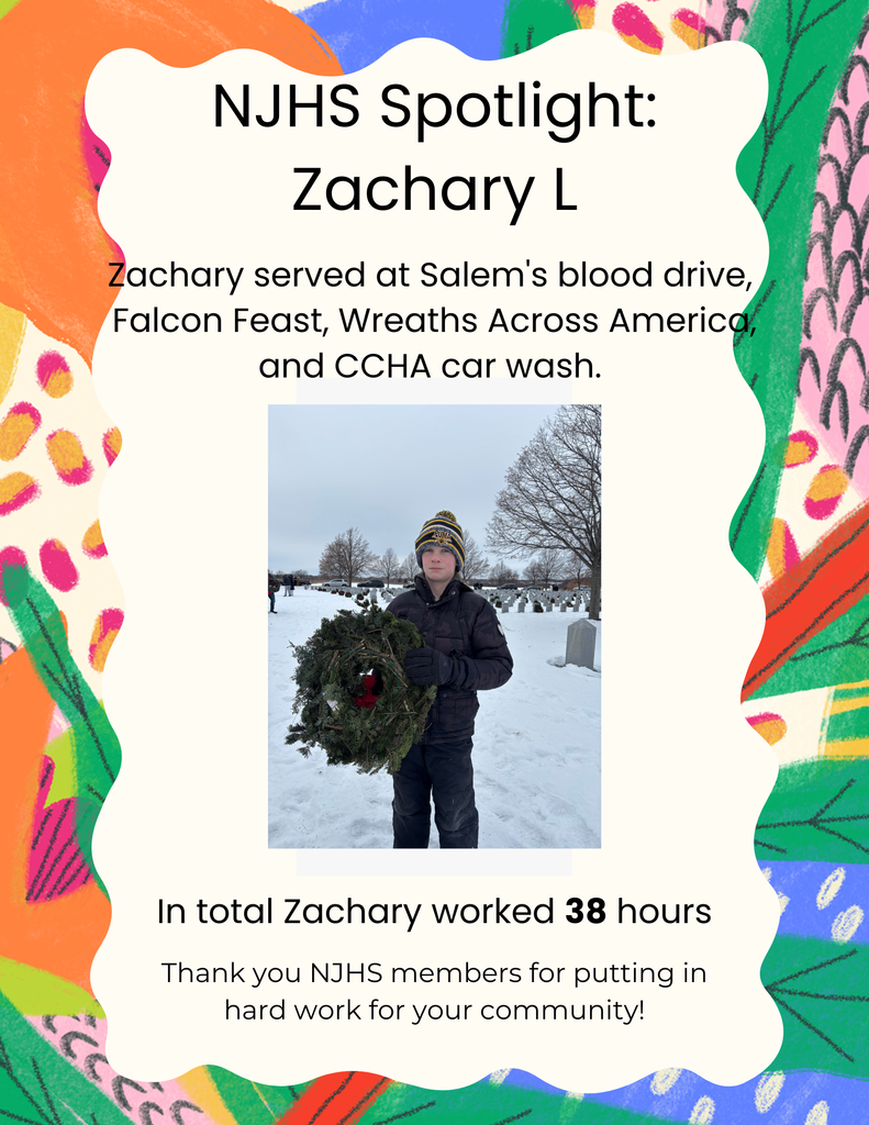 JHS Spotlight on Zachary L, who completed 38 volunteer hours. Photo shows Zachary holding a large holiday wreath in a snowy cemetery during the Wreaths Across America event.