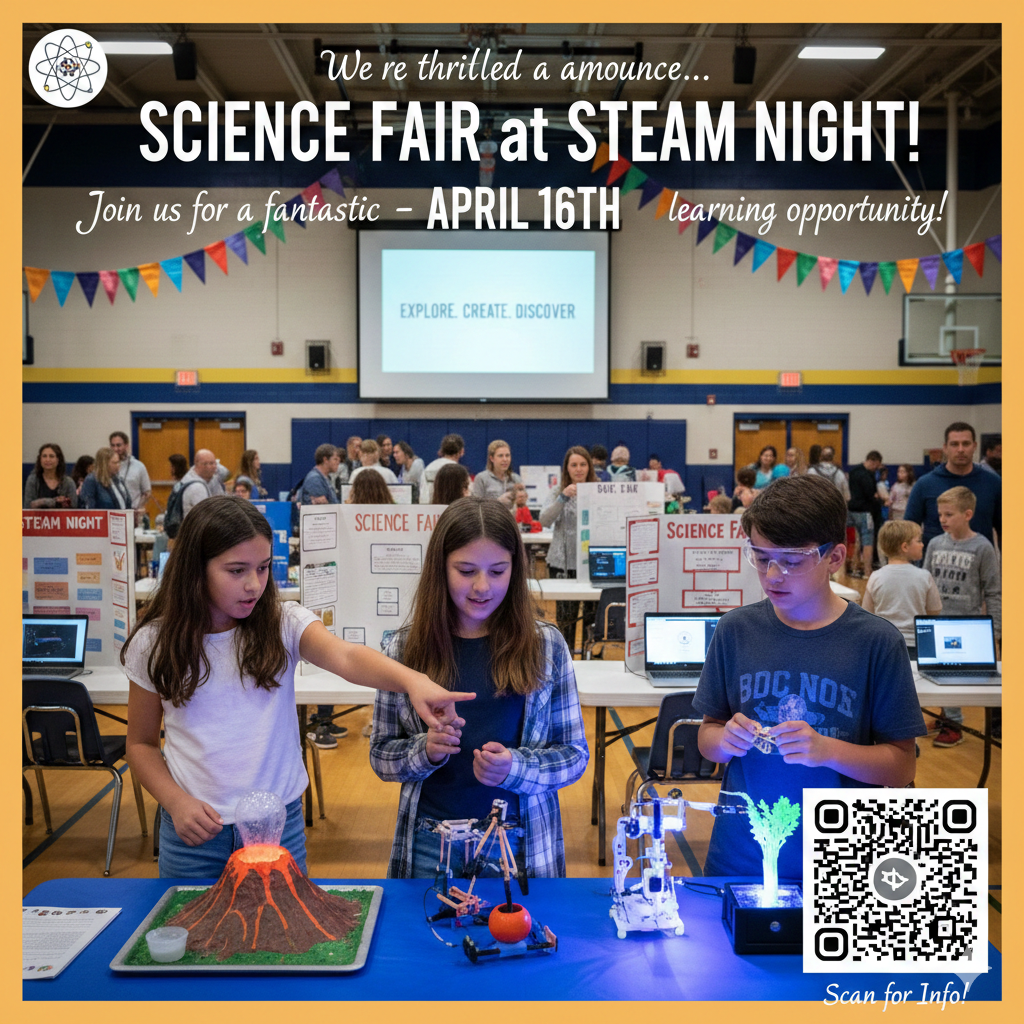 Students showcase a model volcano and robotics at a Science Fair. Text: "Science Fair at STEAM Night, April 16th. Join us for a fantastic learning opportunity!" Background: school gymnasium.