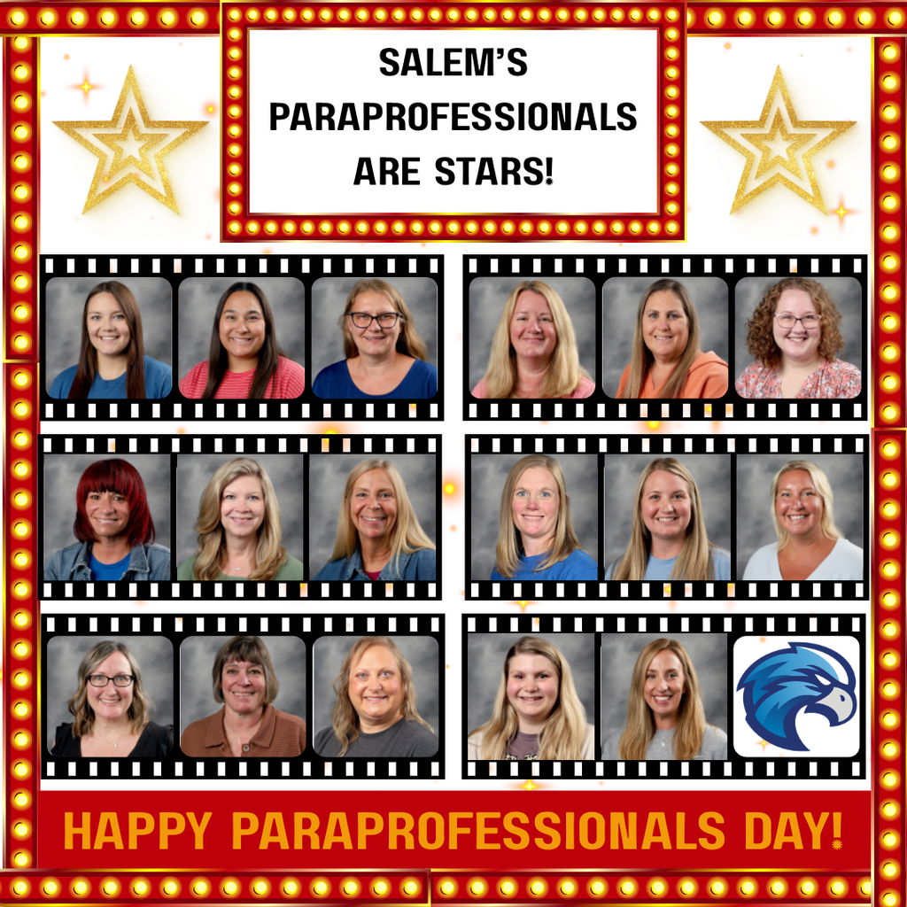 Graphic celebrating Paraprofessionals Day featuring portraits of 17 staff members in film-strip frames with the text, "Salem's Paraprofessionals Are Stars!" and a blue eagle mascot.