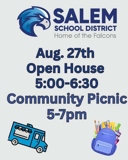 Community picnic and open house graphic for Aug 27th Open house from 5-6:30 and community picnic from 5-7