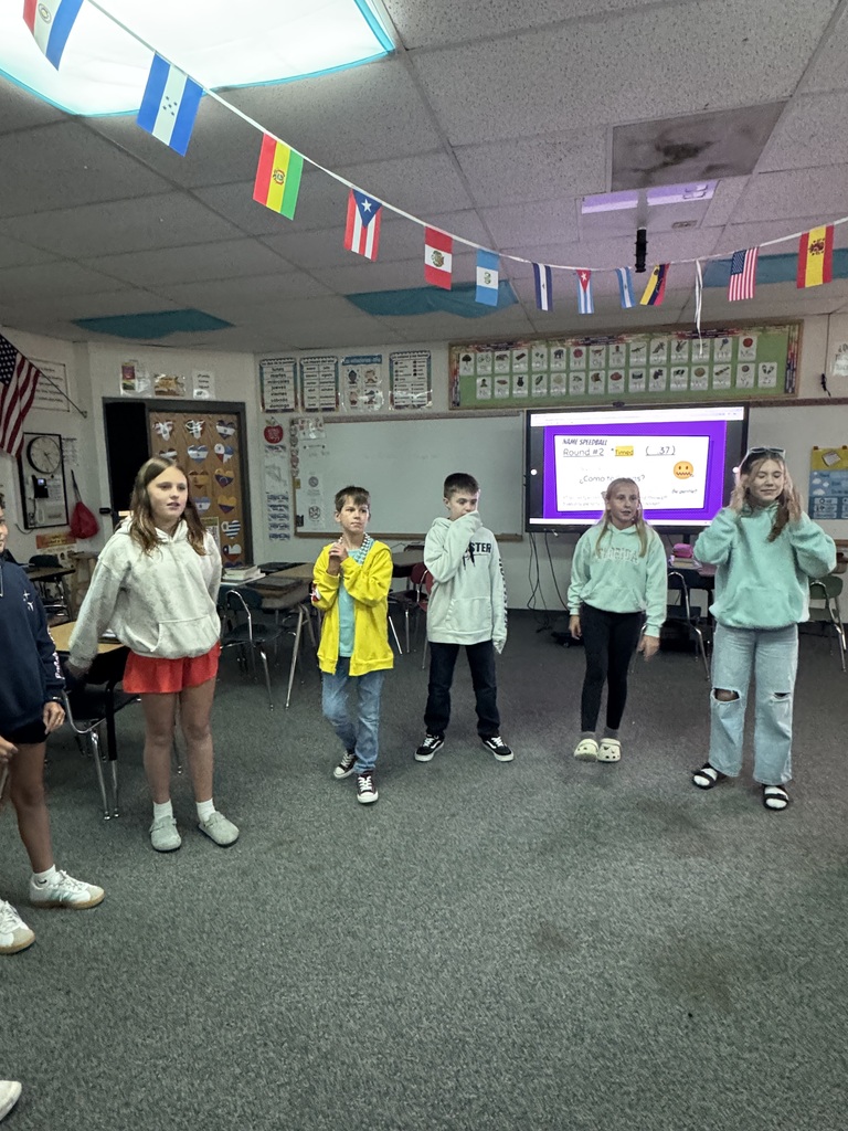 Group of students standing in a line at the front of a classroom during a learning activity or presentation.