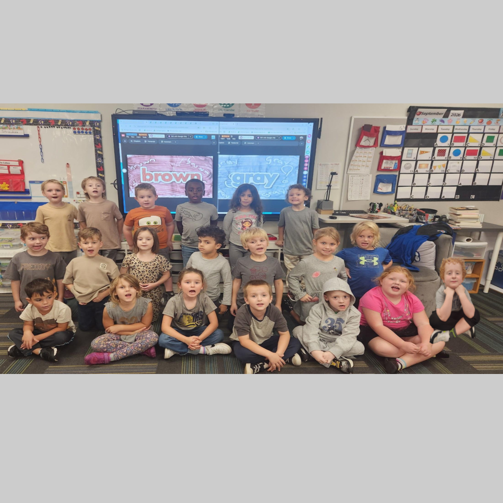 Young students dressed in brown or gray clothing posing together in front of a smart board displaying "brown" and "gray".