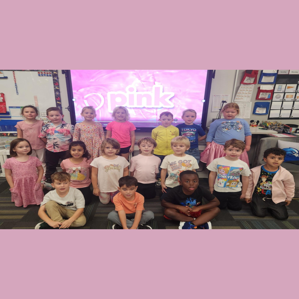 Young students dressed in pink clothing posing together in front of a smart board displaying "pink."