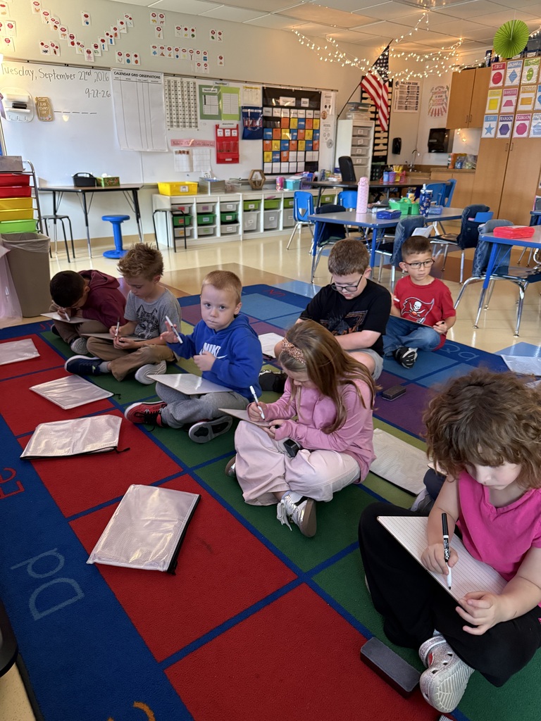 Children seated on a classroom alphabet rug practicing writing on individual whiteboards.