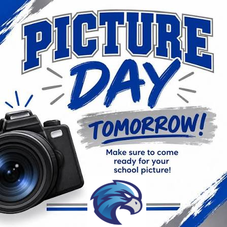 Picture day tomorrow. with camera icon and falcon icon