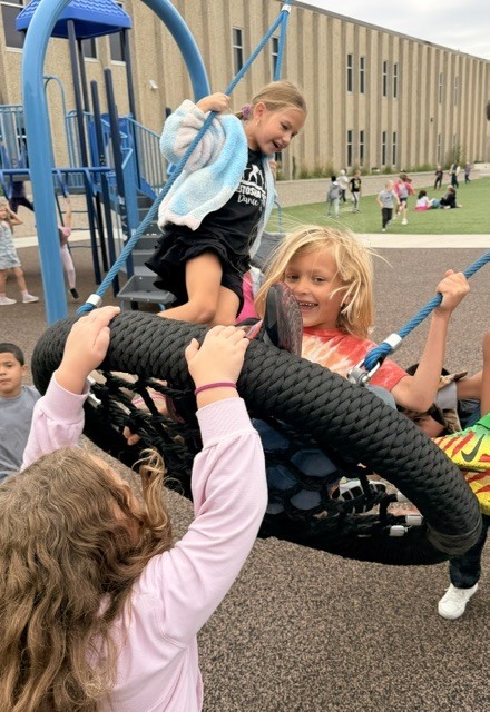 Children playing together and holding onto a large round playground swing.