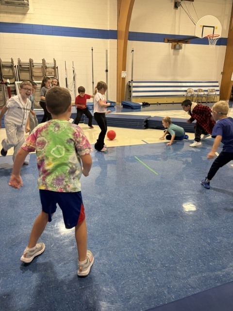 Elementary students participating in a lively gaga ball game during gym class.