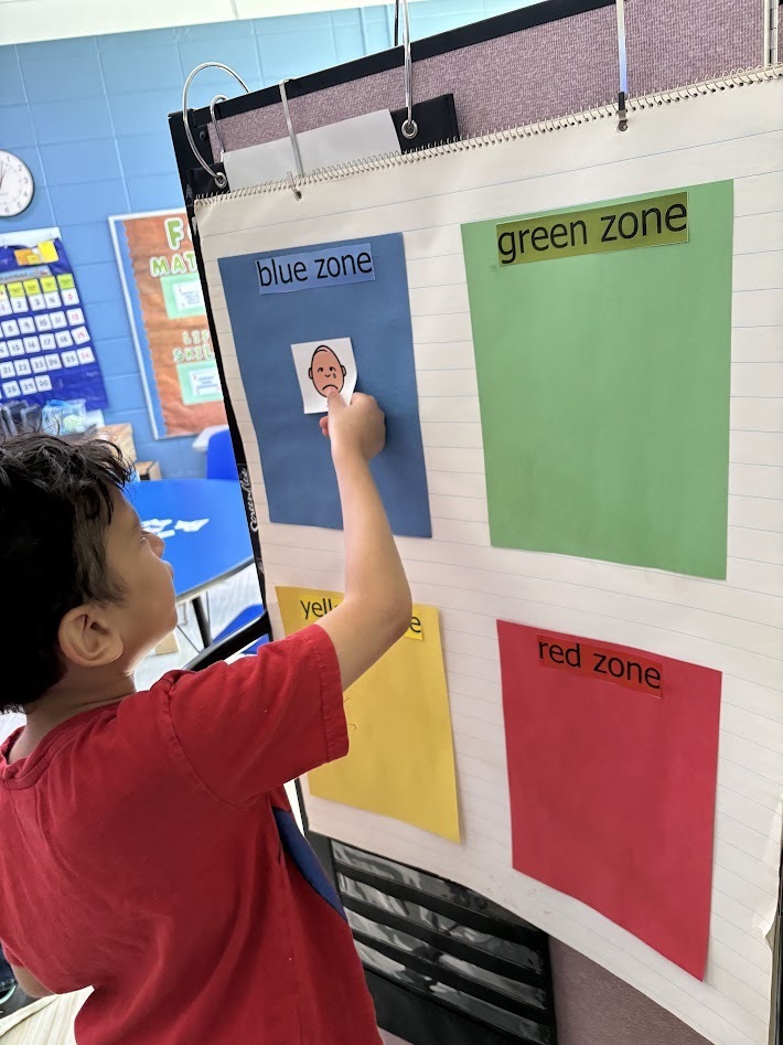 A student placing an emotion icon onto the "blue zone" section of a Zones of Regulation chart.