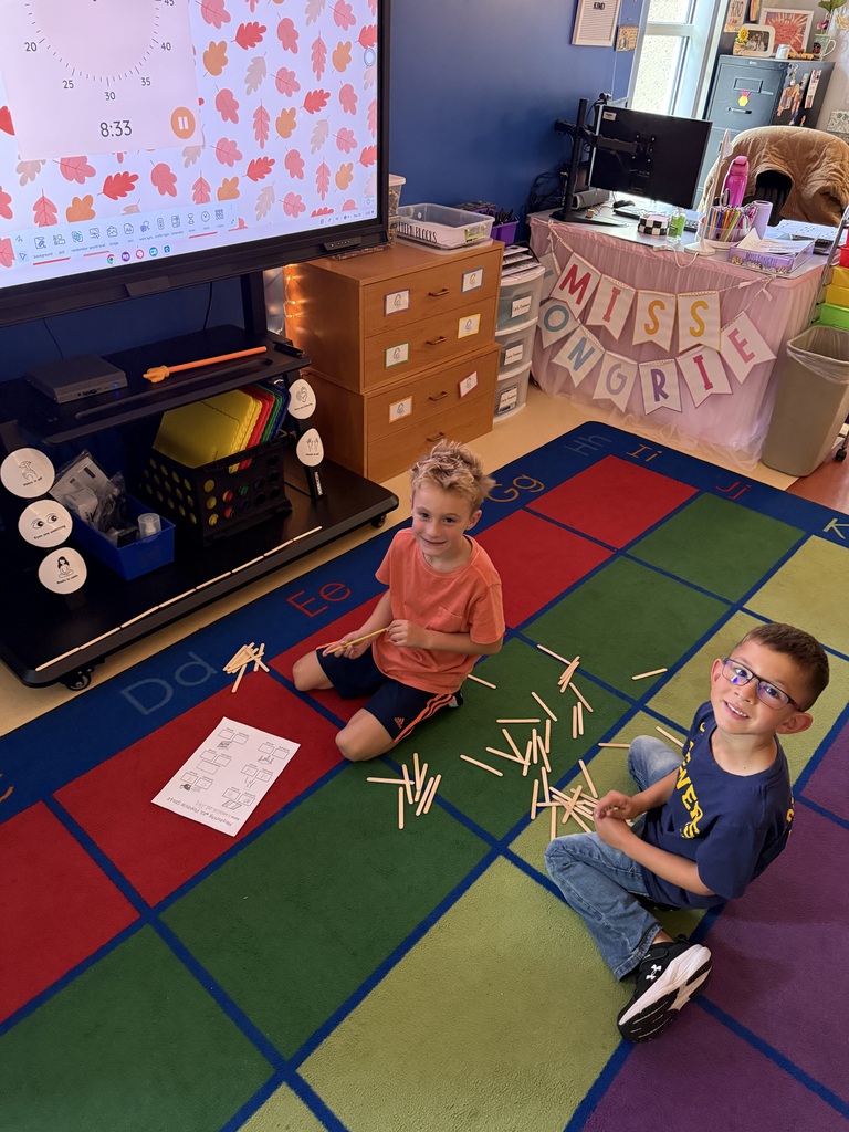 Two boys sitting on an alphabet rug in a classroom, smiling next to a pile of wooden craft sticks and a worksheet.