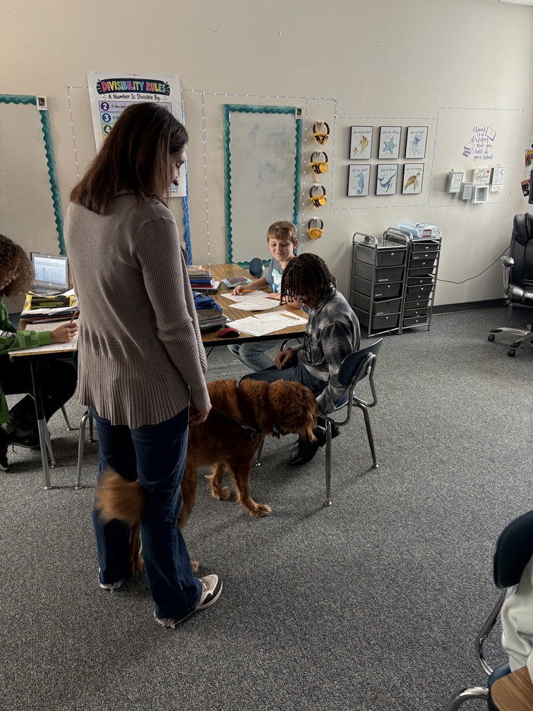 A staff member stands in a classroom observing students at their desks alongside a golden retriever therapy dog.
