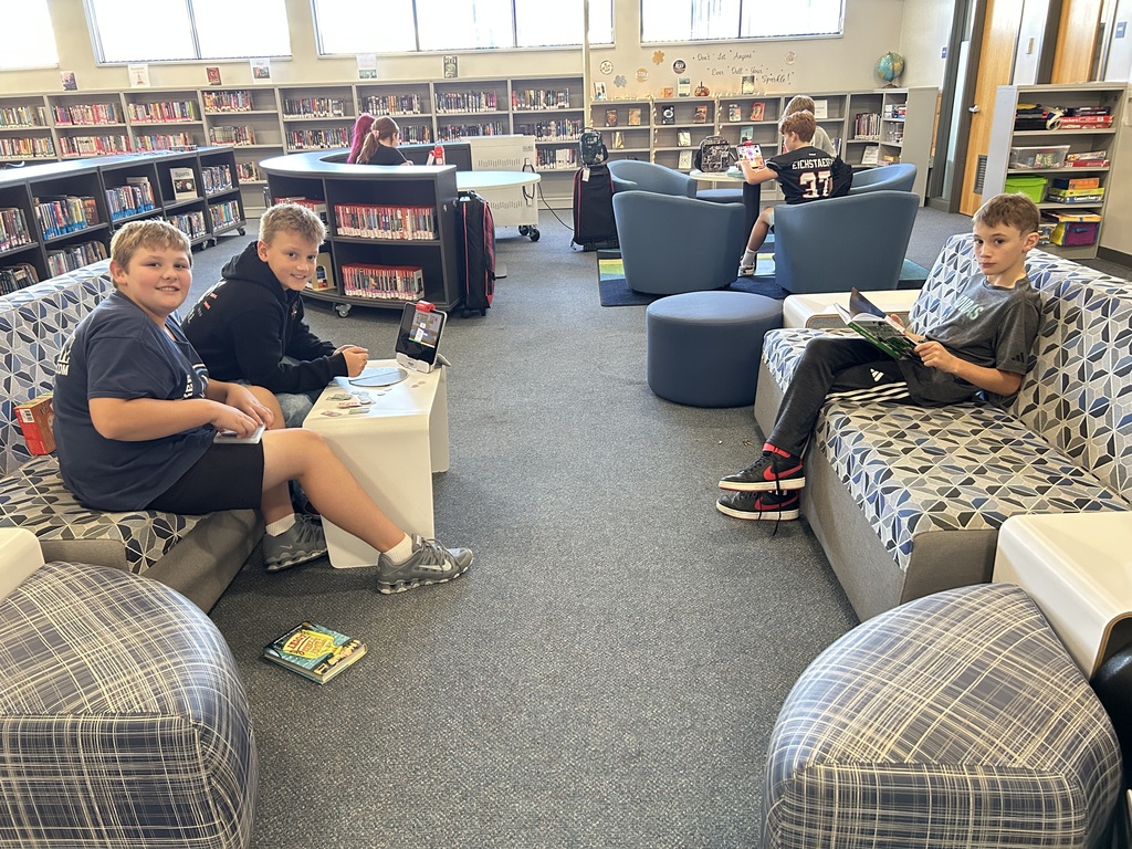 Students relax and study in the modern school library. Two boys use an iPad at a small table, while other students read on a comfortable couch and in an armchair.