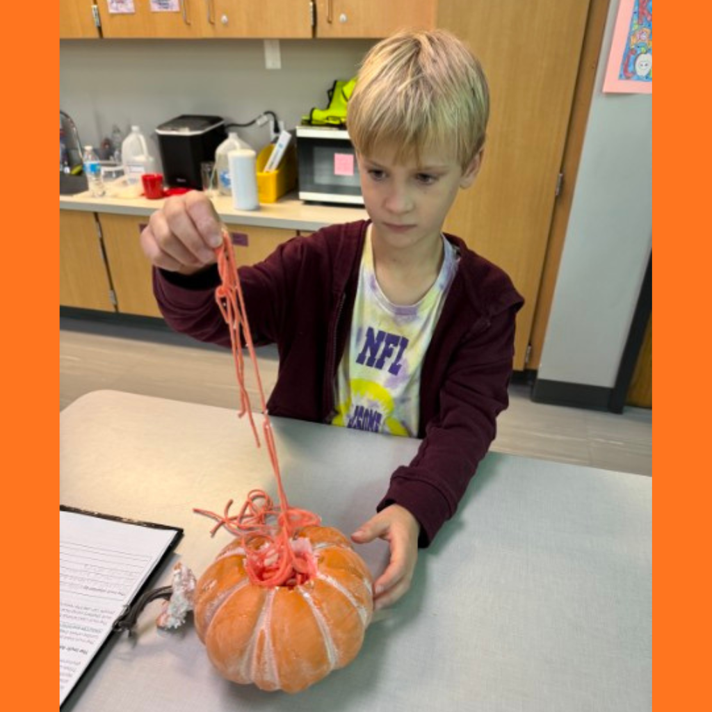 A student at his desk carefully lifting long strands of orange yarn out of a craft pumpkin.