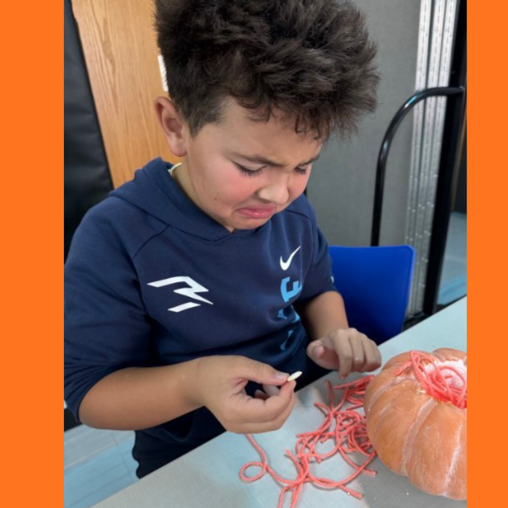 A student making a funny face while examining pumpkin seeds next to his yarn-filled pumpkin craft.