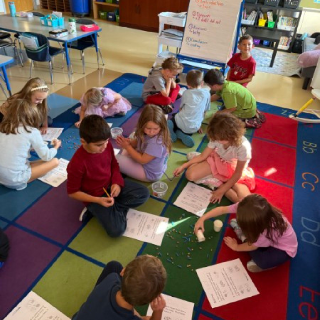 Students sitting on a classroom carpet, using plastic tools to pick up small items into cups for a hands-on activity.