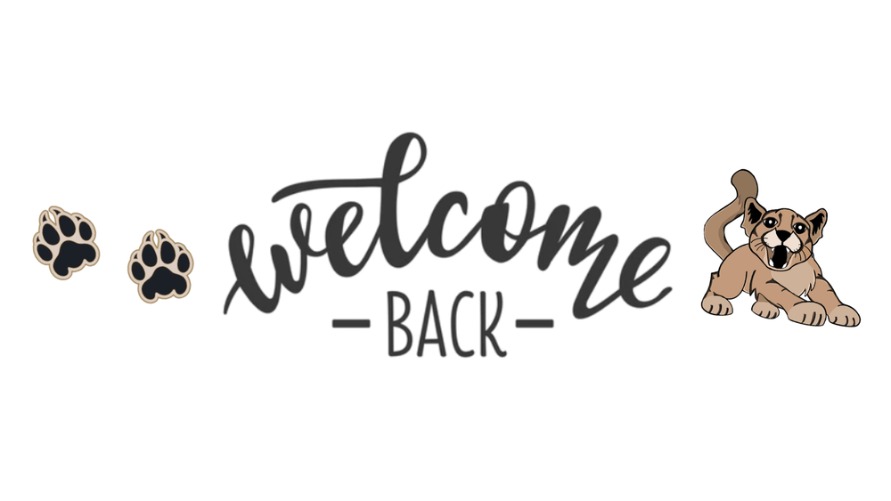 welcome back banner with a mountain lion mascot and paw prints