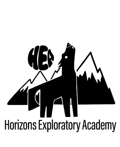 HEA Student Designed Logo with outline of a wolf in front of an outline of the mountains